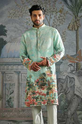 Asuka_Green Chanderi Silk Scenic Print Kurta Set _Online_at_Aza_Fashions