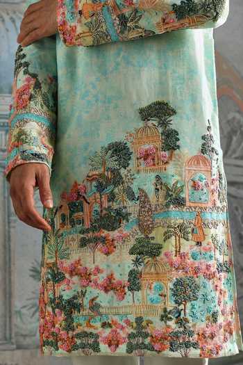 Shop_Asuka_Green Chanderi Silk Scenic Print Kurta Set _Online_at_Aza_Fashions