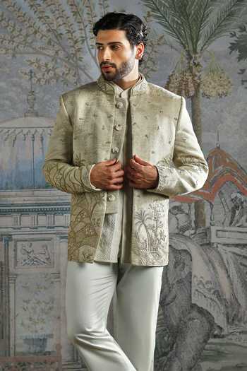 Asuka_Beige Chanderi, Jacquard, Suede Embroidery, Zari Bandhgala And Pant Set _Online_at_Aza_Fashions