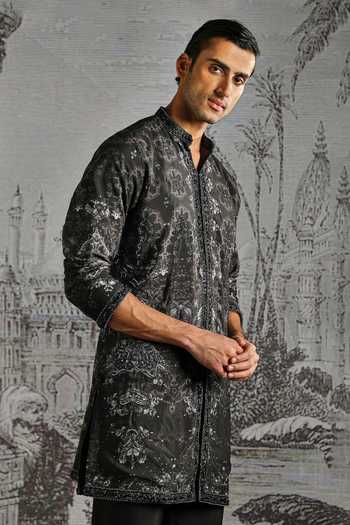 Asuka_Black Chanderi Abstract Pattern Kurta And Pant Set _Online_at_Aza_Fashions