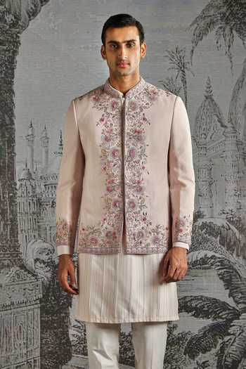 Asuka_Pink Linen Embroidery Bandhgala Set _Online_at_Aza_Fashions