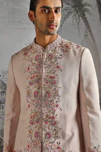 Buy_Asuka_Pink Linen Embroidery Bandhgala Set _Online_at_Aza_Fashions