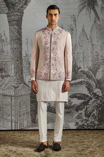 Shop_Asuka_Pink Linen Embroidery Bandhgala Set _Online_at_Aza_Fashions