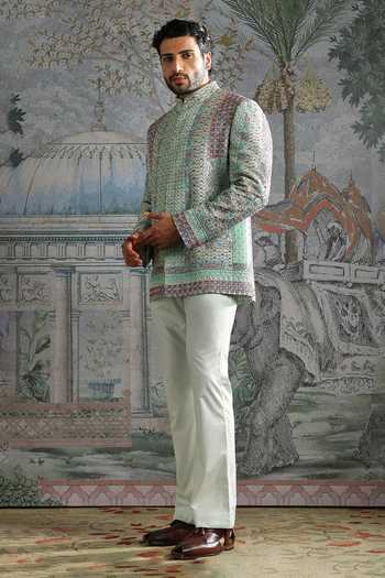 Asuka_Green Silk Geometric Embroidered Bandhgala Set _Online_at_Aza_Fashions