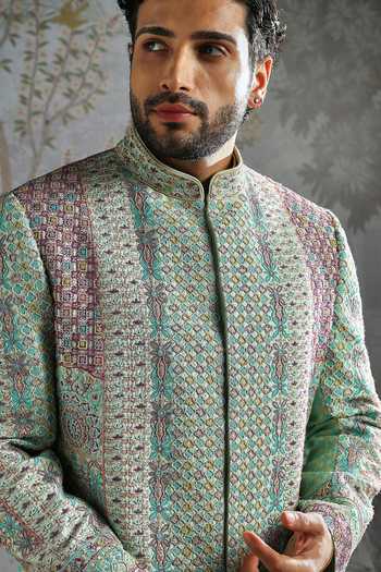 Shop_Asuka_Green Silk Geometric Embroidered Bandhgala Set _Online_at_Aza_Fashions