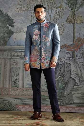 Asuka Embroidered Floral Linen Bandhgala & Trouser Set 