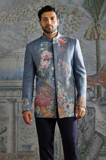 Asuka_Blue Linen Embroidery Floral Bandhgala And Trouser Set _Online_at_Aza_Fashions