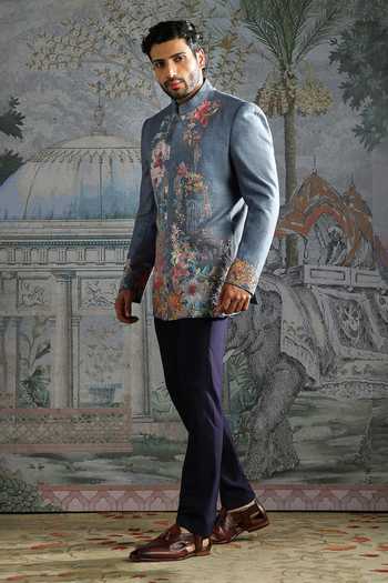 Buy_Asuka_Blue Linen Embroidery Floral Bandhgala And Trouser Set _Online_at_Aza_Fashions