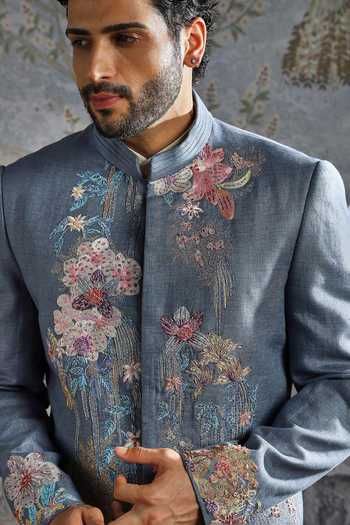 Shop_Asuka_Blue Linen Embroidery Floral Bandhgala And Trouser Set _Online_at_Aza_Fashions