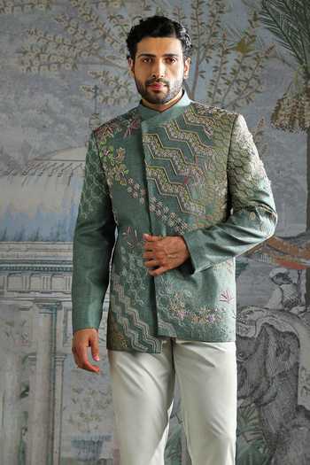Asuka_Green Linen Embroidery Heritage Crest Bandhgala Set _Online_at_Aza_Fashions