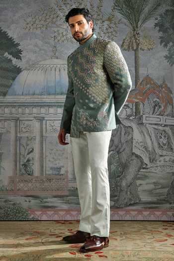 Buy_Asuka_Green Linen Embroidery Heritage Crest Bandhgala Set _Online_at_Aza_Fashions