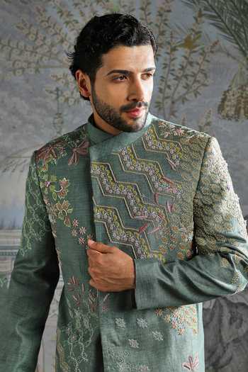 Shop_Asuka_Green Linen Embroidery Heritage Crest Bandhgala Set _Online_at_Aza_Fashions