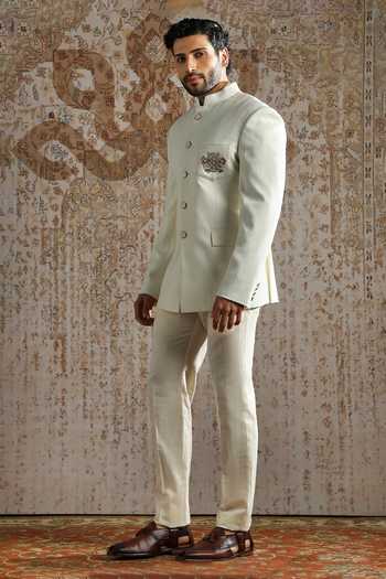 Shop_Asuka_Ivory Suiting Embroidery Royal Crest Bandhgala And Trouser Set _Online_at_Aza_Fashions