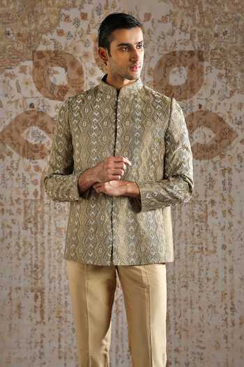 Asuka_Multi Color Jacquard, Silk Zari Champagne Antique Pattern Bandhgala Set _Online_at_Aza_Fashions