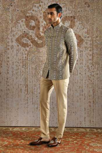 Buy_Asuka_Multi Color Jacquard, Silk Zari Champagne Antique Pattern Bandhgala Set _Online_at_Aza_Fashions