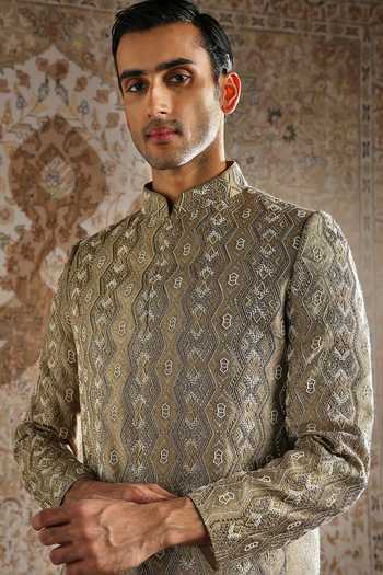 Shop_Asuka_Multi Color Jacquard, Silk Zari Champagne Antique Pattern Bandhgala Set _Online_at_Aza_Fashions