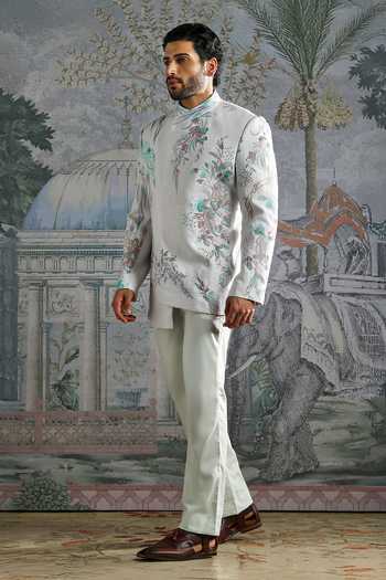 Buy_Asuka_Blue Linen Embroidery Bandhgala And Trouser Set _Online_at_Aza_Fashions