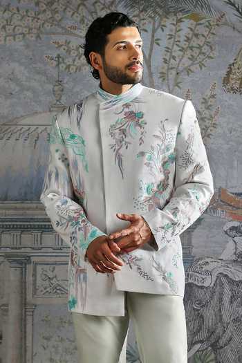 Shop_Asuka_Blue Linen Embroidery Bandhgala And Trouser Set _Online_at_Aza_Fashions