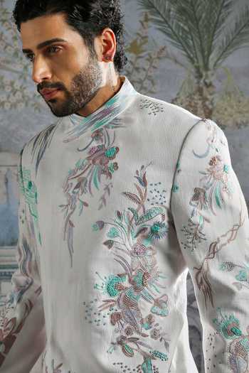 Asuka_Blue Linen Embroidery Bandhgala And Trouser Set _at_Aza_Fashions