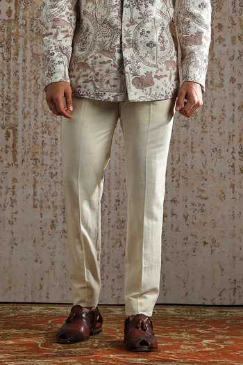 Asuka_Ivory Linen Print Bandhgala And Trouser Set _Online_at_Aza_Fashions