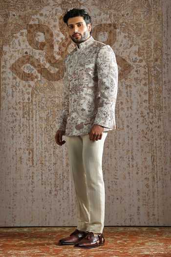 Buy_Asuka_Ivory Linen Print Bandhgala And Trouser Set _Online_at_Aza_Fashions