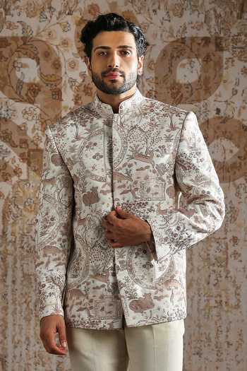 Shop_Asuka_Ivory Linen Print Bandhgala And Trouser Set _Online_at_Aza_Fashions
