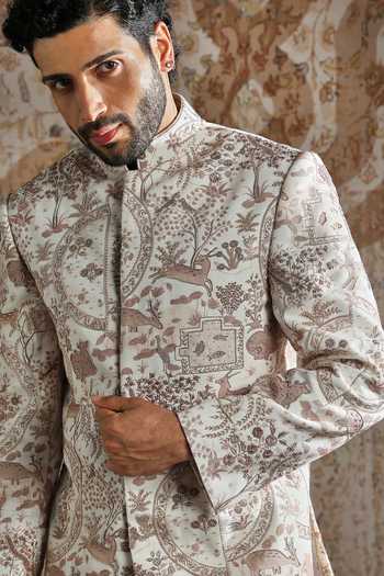 Asuka_Ivory Linen Print Bandhgala And Trouser Set _at_Aza_Fashions