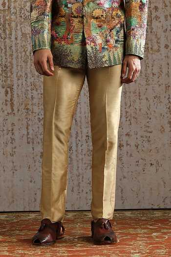 Asuka_Beige Silk Ornamental Tapestry Bandhgala Set _Online_at_Aza_Fashions