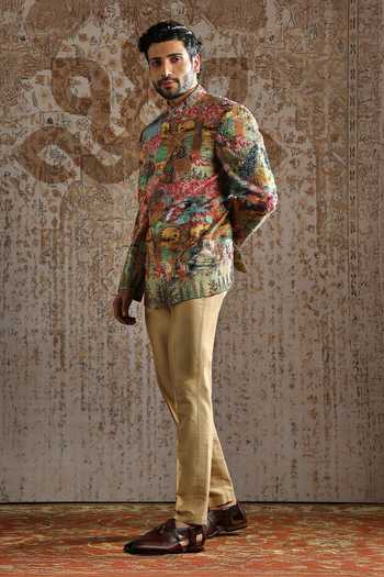 Buy_Asuka_Beige Silk Ornamental Tapestry Bandhgala Set _Online_at_Aza_Fashions