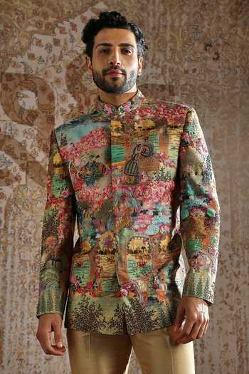 Shop_Asuka_Beige Silk Ornamental Tapestry Bandhgala Set _Online_at_Aza_Fashions