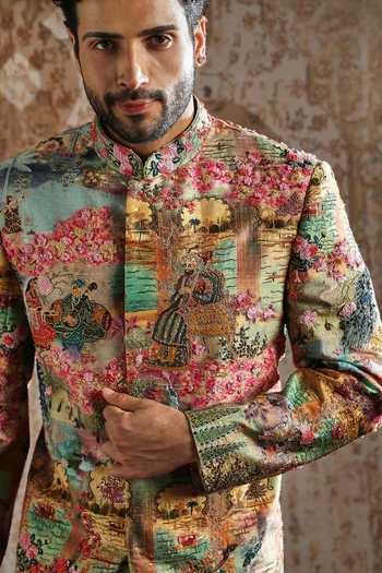 Asuka_Beige Silk Ornamental Tapestry Bandhgala Set _at_Aza_Fashions