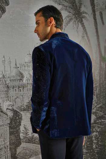 Asuka_Blue Velvet Sequins Tonal Embroidered Bandhgala And Trouser Set _Online_at_Aza_Fashions