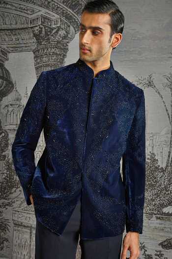 Shop_Asuka_Blue Velvet Sequins Tonal Embroidered Bandhgala And Trouser Set _Online_at_Aza_Fashions