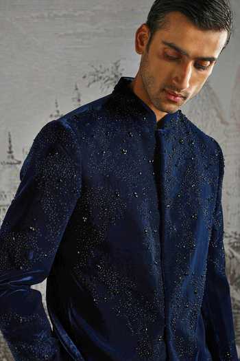 Asuka_Blue Velvet Sequins Tonal Embroidered Bandhgala And Trouser Set _at_Aza_Fashions