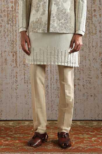 Asuka_Ivory Silk, Chanderi Embroidery Regal Bandhgala Set _Online_at_Aza_Fashions