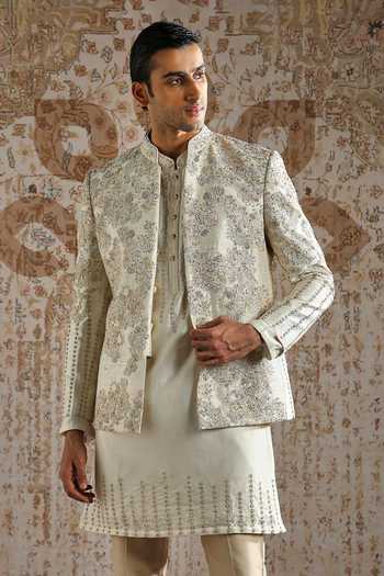 Buy_Asuka_Ivory Silk, Chanderi Embroidery Regal Bandhgala Set _Online_at_Aza_Fashions