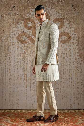 Shop_Asuka_Ivory Silk, Chanderi Embroidery Regal Bandhgala Set _Online_at_Aza_Fashions