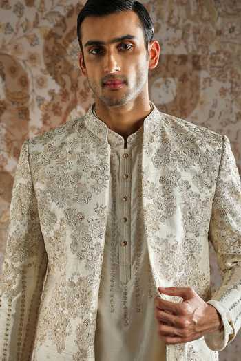 Asuka_Ivory Silk, Chanderi Embroidery Regal Bandhgala Set _at_Aza_Fashions