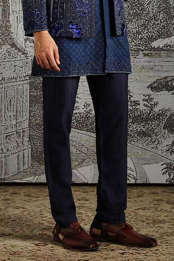 Asuka_Navy Silk Embroidery Paisley Raw Bandhgala Set _Online_at_Aza_Fashions