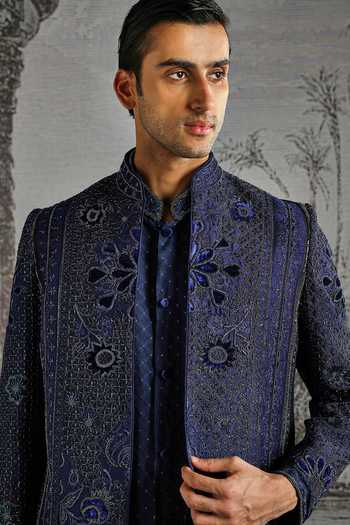 Buy_Asuka_Navy Silk Embroidery Paisley Raw Bandhgala Set _Online_at_Aza_Fashions