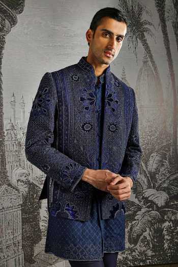 Shop_Asuka_Navy Silk Embroidery Paisley Raw Bandhgala Set _Online_at_Aza_Fashions