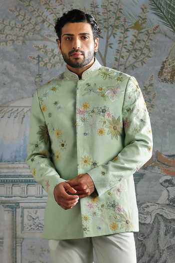 Asuka_Green Linen Embroidery Bandhgala And Trouser Set _Online_at_Aza_Fashions
