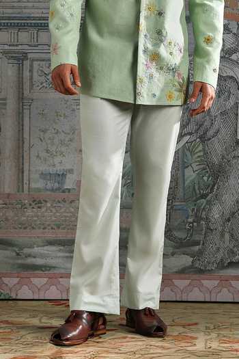 Buy_Asuka_Green Linen Embroidery Bandhgala And Trouser Set _Online_at_Aza_Fashions