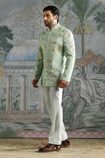 Shop_Asuka_Green Linen Embroidery Bandhgala And Trouser Set _Online_at_Aza_Fashions
