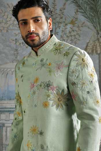Asuka_Green Linen Embroidery Bandhgala And Trouser Set _at_Aza_Fashions