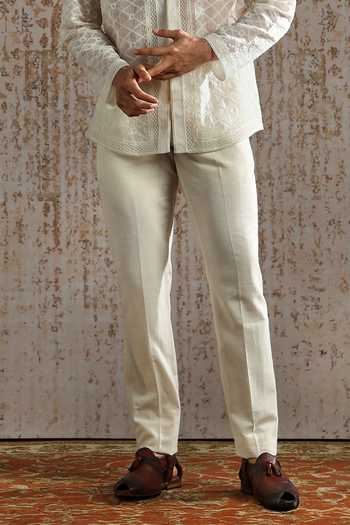 Asuka_Cream Organza Embroidery Subtle Motif Bandhgala Set _Online_at_Aza_Fashions