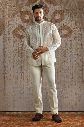 Shop_Asuka_Cream Organza Embroidery Subtle Motif Bandhgala Set _Online_at_Aza_Fashions