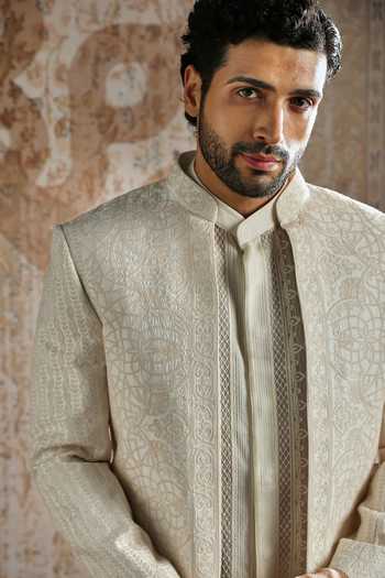 Asuka_Cream Organza Embroidery Subtle Motif Bandhgala Set _at_Aza_Fashions