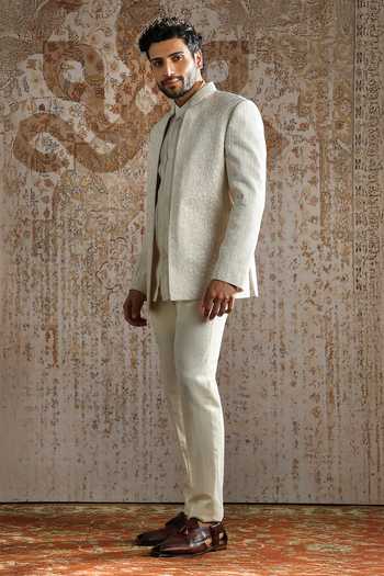 Buy_Asuka_Cream Organza Embroidery Subtle Motif Bandhgala Set 