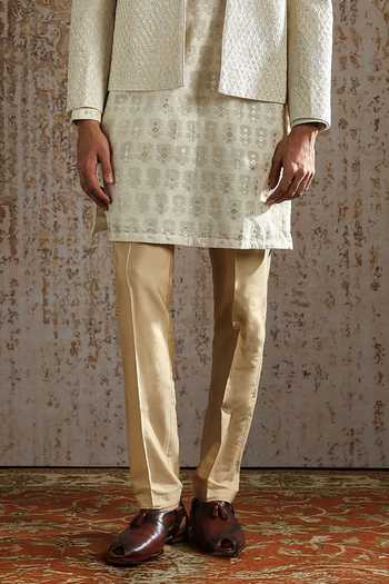 Asuka_Ivory Silk, Chanderi Zari Textured Regal Bandhgala Set _Online_at_Aza_Fashions